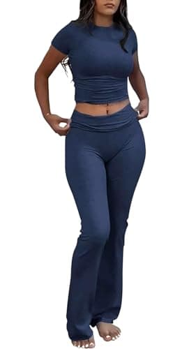 YETOWA Women's Slim Fit Short Sleeve Top & Flare Leggings Yoga Set