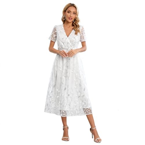 Sparkly V Neck Floral Embroidered Maxi Dress for Wedding Guest