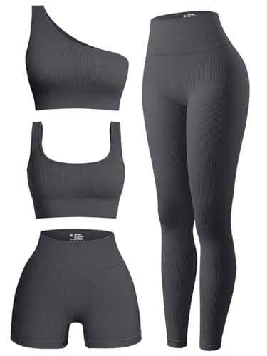 OQQ Women's Sports Active Set: Scoop Neck Bra, One Shoulder Top, High Waist Shorts, Ribbed Leggings