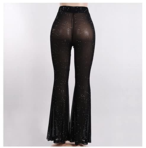 Mookyun Women's Sparkly Sheer Mesh Bell Bottom Pants for Festival Dance Clubwear