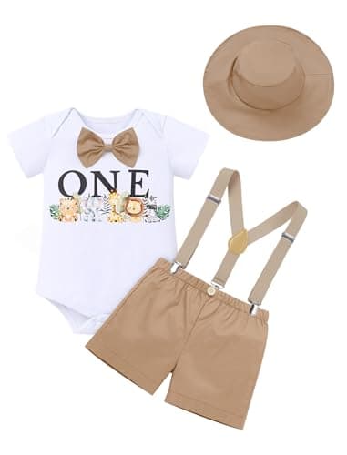 IMEKIS Baby Boys 1st Birthday Jungle Safari Romper Suspenders Shorts Hat Set