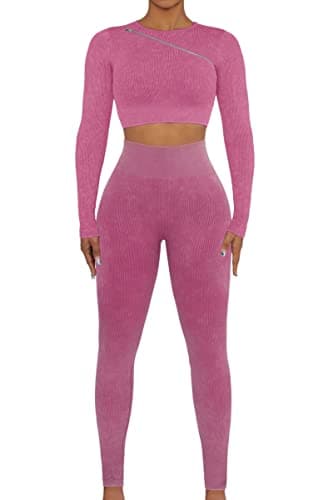OLCHEE Women's Seamless Ribbed Workout Set - Acid Wash Yoga Leggings and Keyhole Crop Top Bra
