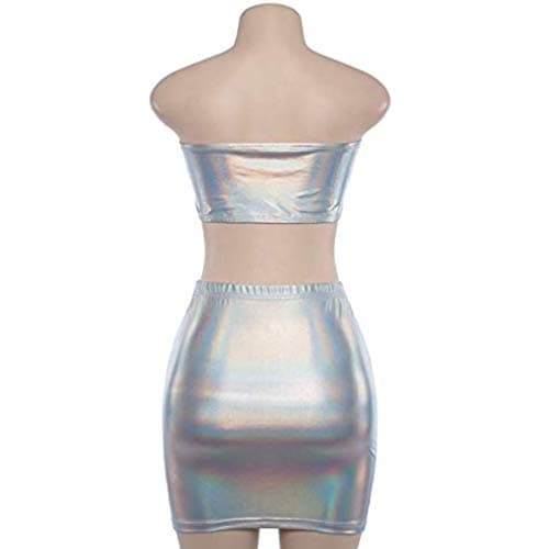 Fenyong Women's Metallic Shiny Off-Shoulder Crop Top & Silver Skirt Set
