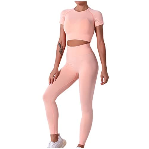 Fartey High-Waist Seamless Leggings Matching Backless Strappy Sports Bras Yoga Running Set