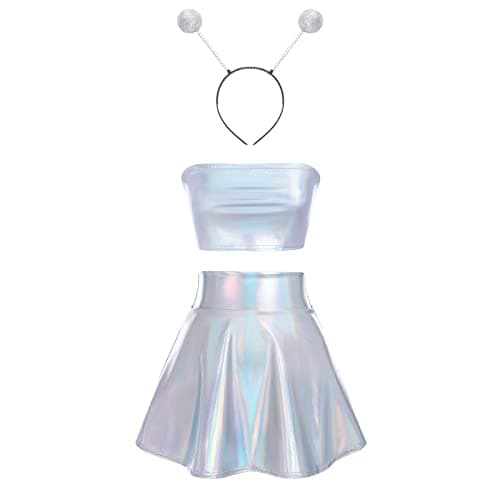Alien Costume Metallic Crop Top + Holographic Mini Skirt + Headband - Halloween Rave Outfit