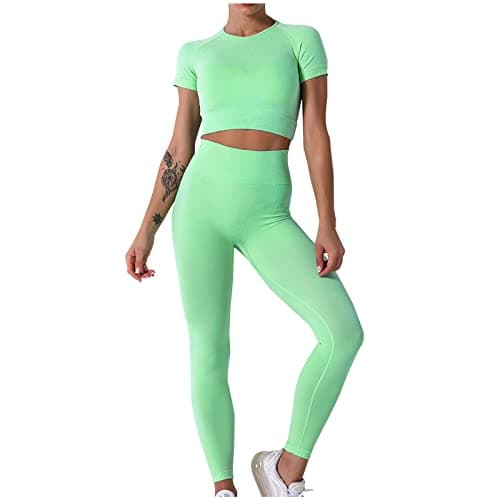 Fartey High-Waist Seamless Leggings Matching Backless Strappy Sports Bras Yoga Running Set