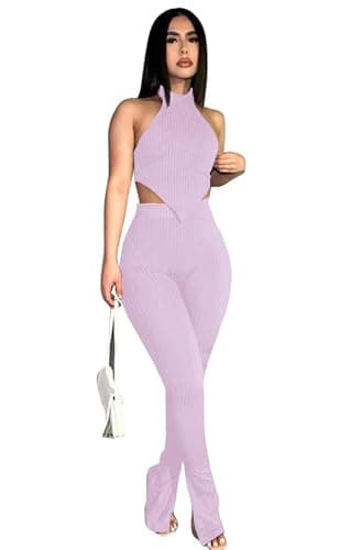 Ekaliy Women's Sleeveless Crop Top & High Waist Ribbed Pants Party Jumpsuit