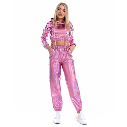 Women's Metallic Shiny Crop Top Hoodie and Long Pants Outfit for Rave Outfits and Disco Dance Clubwear