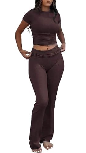 YETOWA Women's Slim Fit Short Sleeve Top & Flare Leggings Yoga Set