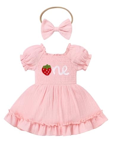 IMEKIS Baby Girl Half 1st Birthday Smocked Strawberry Dress