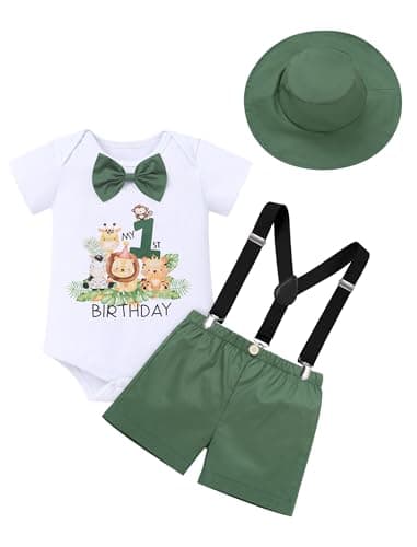 IMEKIS Baby Boys 1st Birthday Jungle Safari Romper Suspenders Shorts Hat Set