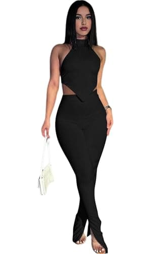 Ekaliy Women's Sleeveless Crop Top & High Waist Ribbed Pants Party Jumpsuit