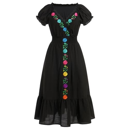 Women Mexican Fiesta Dress Floral Embroidered Maxi Gown