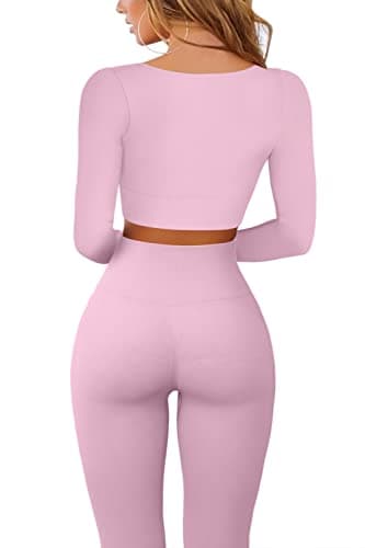 QINSEN Women's Seamless Workout Set - Long Sleeve Crop Top and High Waist Leggings