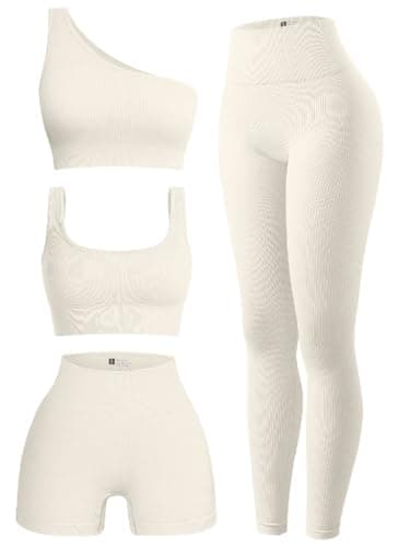 OQQ Women's Sports Active Set: Scoop Neck Bra, One Shoulder Top, High Waist Shorts, Ribbed Leggings