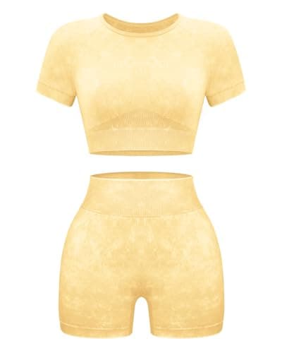 OLCHEE Women's Acid Wash Yoga Shorts & Crop Top Gym Outfit Set