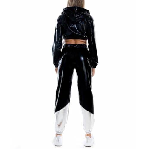 Shiny Metallic Rave Outfit for Women: Hooded Short Sweatshirt and High Waist Pants