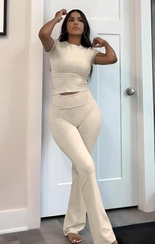 ZFLM Casual Women's Workout Two-Piece Sets - High Waist Crop Top & Flare Pants