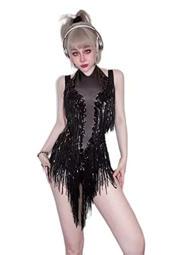 HoHoHuo Sparkly White Dance Rhinestone Bodysuit for Women Performance Outfit