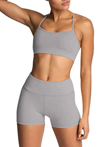 IWEMEK Women's High-Waisted Biker Shorts & Cross Back Sports Bra Gym Set