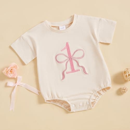 CREAIRY Baby Girl 1st Birthday Bow Bubble Romper Shorts Sleeve Jumpsuit Summer Clothes