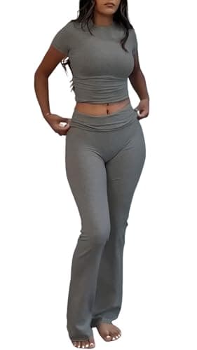 ZFLM Casual Women's Workout Two-Piece Sets - High Waist Crop Top & Flare Pants