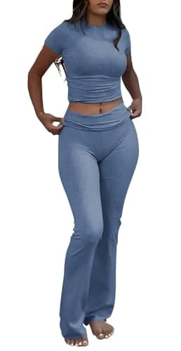 YETOWA Women's Slim Fit Short Sleeve Top & Flare Leggings Yoga Set