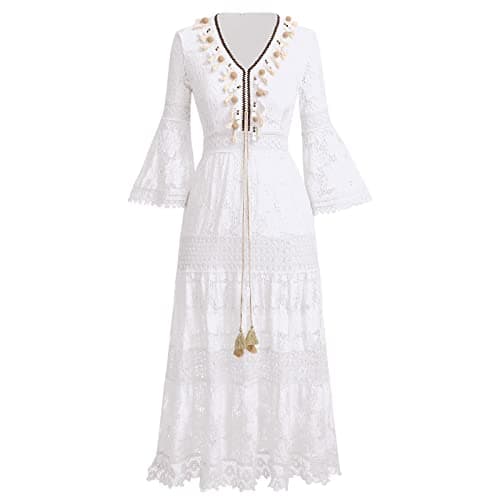 Boho Maxi Dress Lace Up Tassel V Neck Flare Wedding Beach Dresses