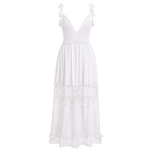 Boho Maxi Dress Lace Up Tassel V Neck Flare Wedding Beach Dresses