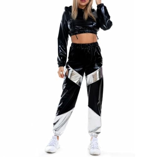 Shiny Metallic Rave Outfit for Women: Hooded Short Sweatshirt and High Waist Pants