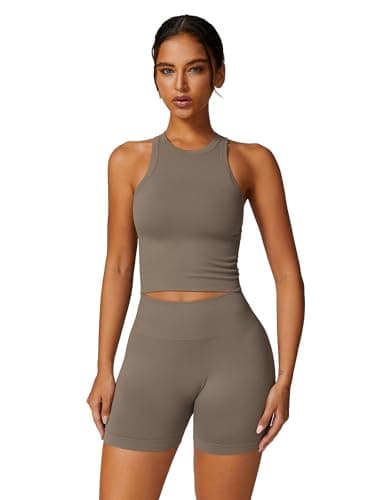 Womens Racer-Back Tank Top & High Waist Biker Shorts Gym Outfits