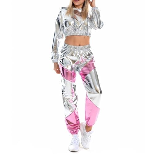 Agoky Women's Rave Party Outfits: Color Block Patchwork Crop Top with Glossy Pants