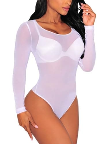 Sheer Mesh Long Sleeve Bodysuit for Women