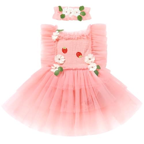 IMEKIS Baby Girls 1st Birthday Bee Floral Strawberry Dress Romper with Headband