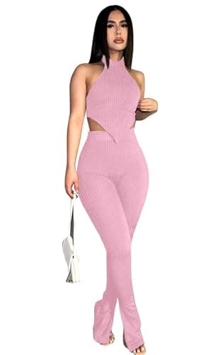Ekaliy Women's Sleeveless Crop Top & High Waist Ribbed Pants Party Jumpsuit