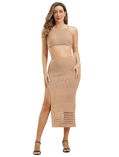 IMEKIS Women Crochet Hollow Out Swimsuit Cover-Up Summer Halter Top with Split Skirt