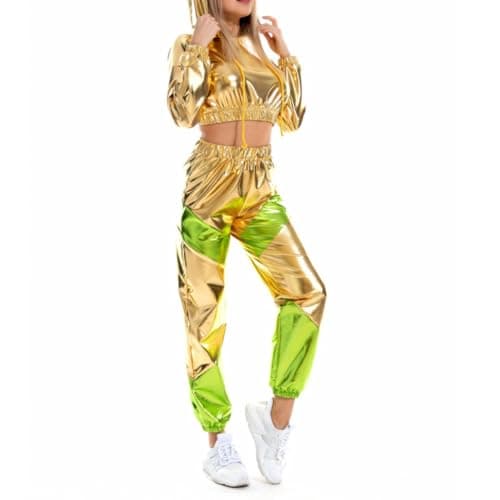 Shiny Metallic Rave Outfit for Women: Hooded Short Sweatshirt and High Waist Pants