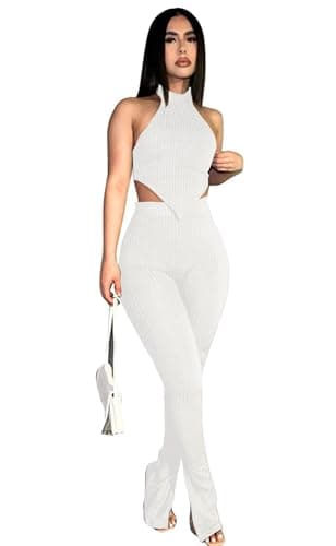 Ekaliy Women's Sleeveless Crop Top & High Waist Ribbed Pants Party Jumpsuit
