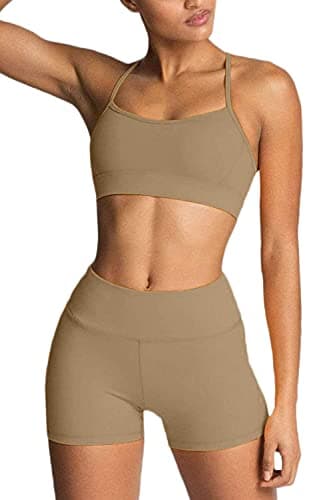 IWEMEK Women's High-Waisted Biker Shorts & Cross Back Sports Bra Gym Set