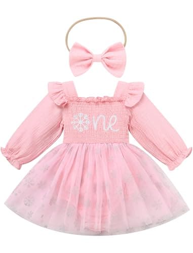 ODASDO Baby Girls First Birthday Square Neck Ruffle Tutu Romper Dress with Bow Headband