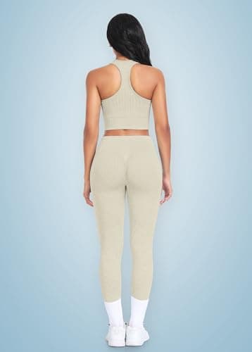 OLCHEE Women's Seamless Ribbed Workout Set - Acid Wash Yoga Leggings and Keyhole Crop Top Bra