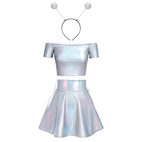 Alien Costume Metallic Crop Top + Holographic Mini Skirt + Headband - Halloween Rave Outfit
