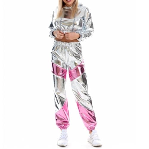 Agoky Women's Rave Party Outfits: Color Block Patchwork Crop Top with Glossy Pants