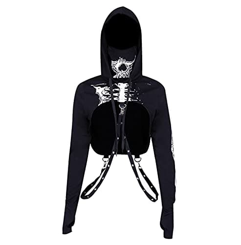 Goth Skeleton Hoodie Crop Top with Iron Chain for Halloween Festival