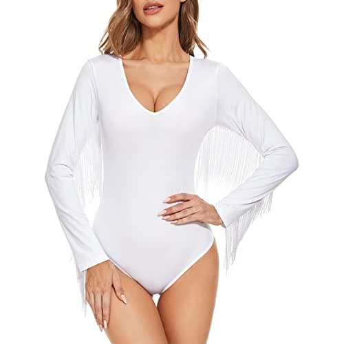 Trendy Women's Fringe V-Neck Long Sleeve Bodysuit for Concerts and Disco