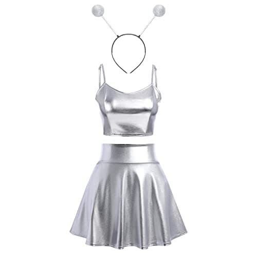 Alien Costume Metallic Crop Top + Holographic Mini Skirt + Headband - Halloween Rave Outfit