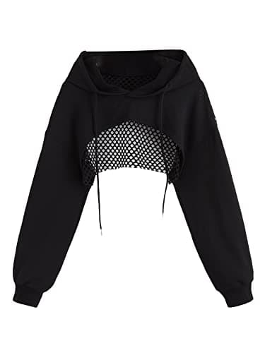 Drawstring Fishnet Hoodie Crop Tops