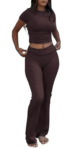 ZFLM Casual Women's Workout Two-Piece Sets - High Waist Crop Top & Flare Pants