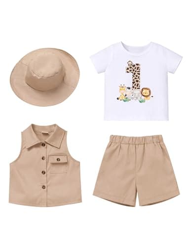 IMEKIS Baby Boys 1st Birthday Jungle Safari Outfit 4PC Set