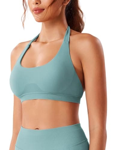 VOYJOY Women's Low Support Halter Workout Bra Seams-Free Yoga Crop Top